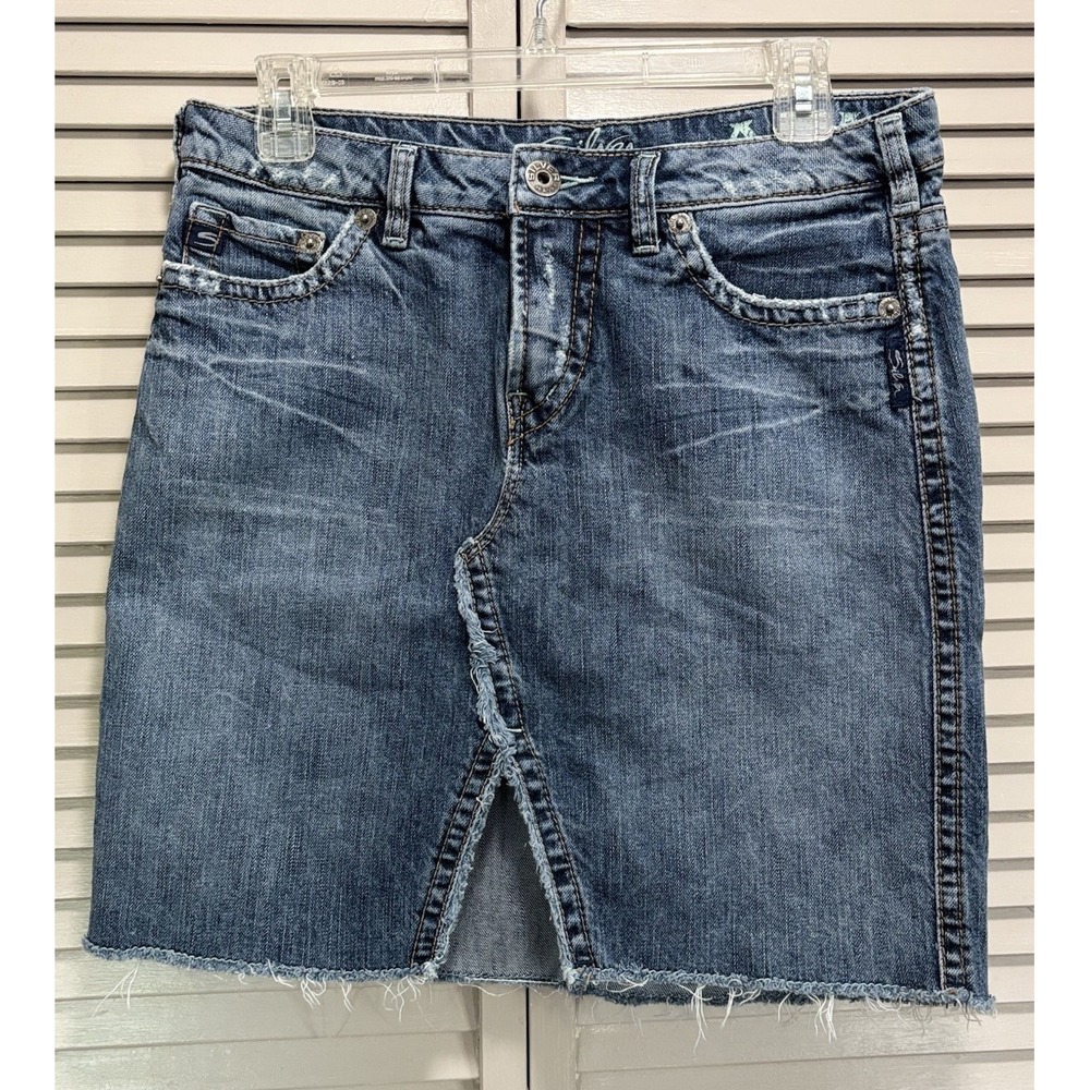 Silver Ana Denim Mini Skirt Size 28‎ Pockets Slit Raw Hem Zip Embroidery Retro
